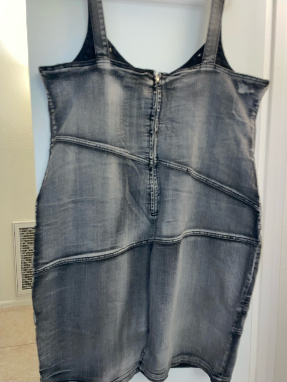 Ashley Stewart Gray Washed Denim Overall Dress with Front Zip Detail